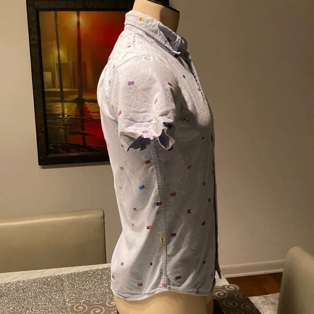 J.Crew Small Slim Fit Short Sleeve Blue Oxford Button Down Flag Print